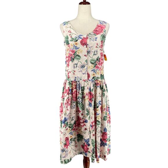 Vtg 80s 90s NOS Brights Creek Cottage Garden Midi Dress Romantic Boho M? Floral - Picture 1 of 15